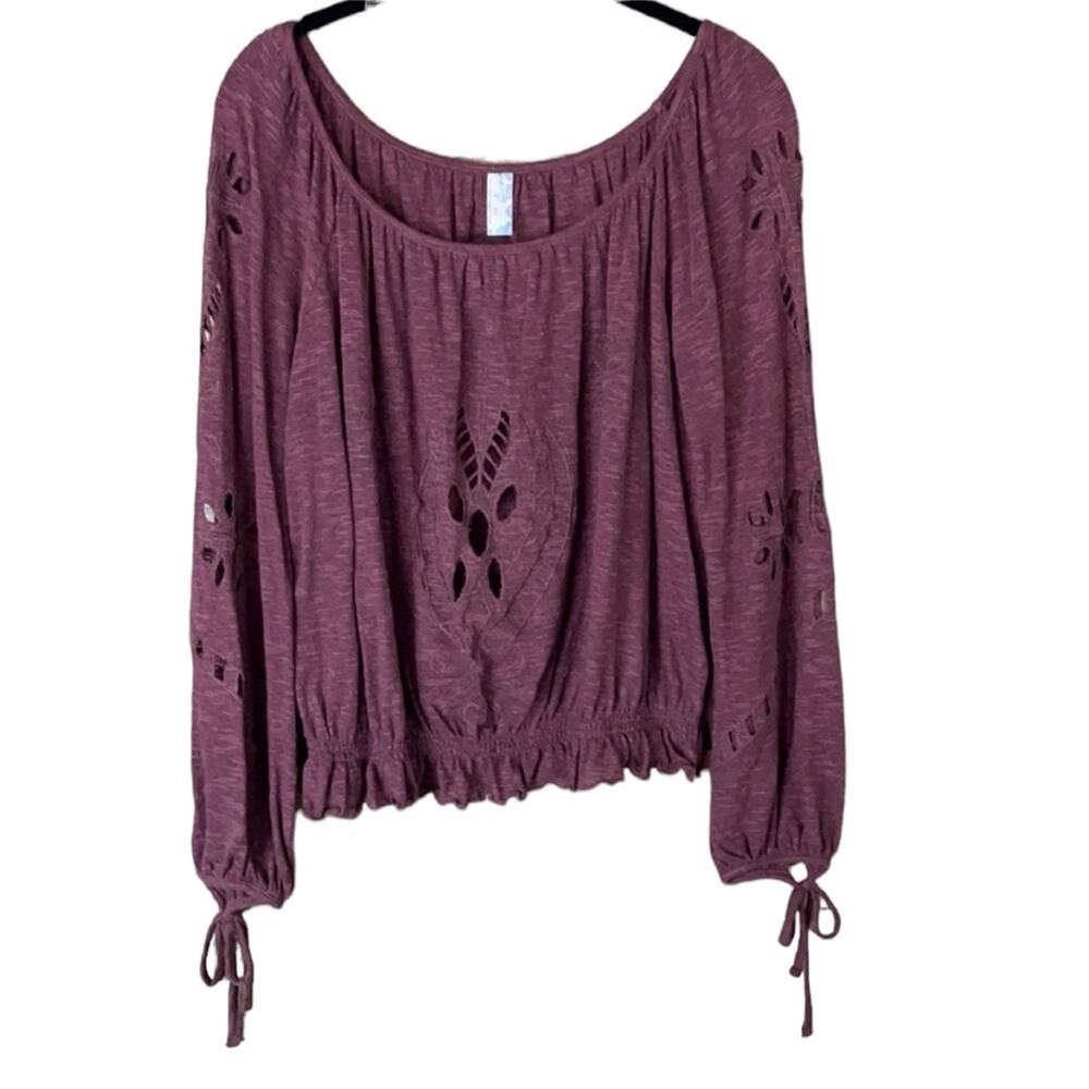 Free People Plum Flower Cutout Top Tie Long Sleeves Elastic Waist Size Small